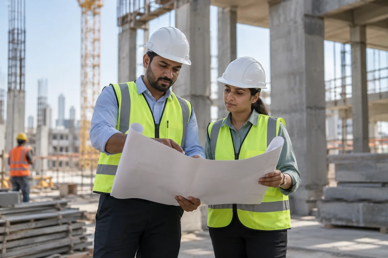Two Indian construction professionals wearing correctly fitted hard hats and safety vests reviewing a rolled plan at a clean building site, realistic beams and daylight.